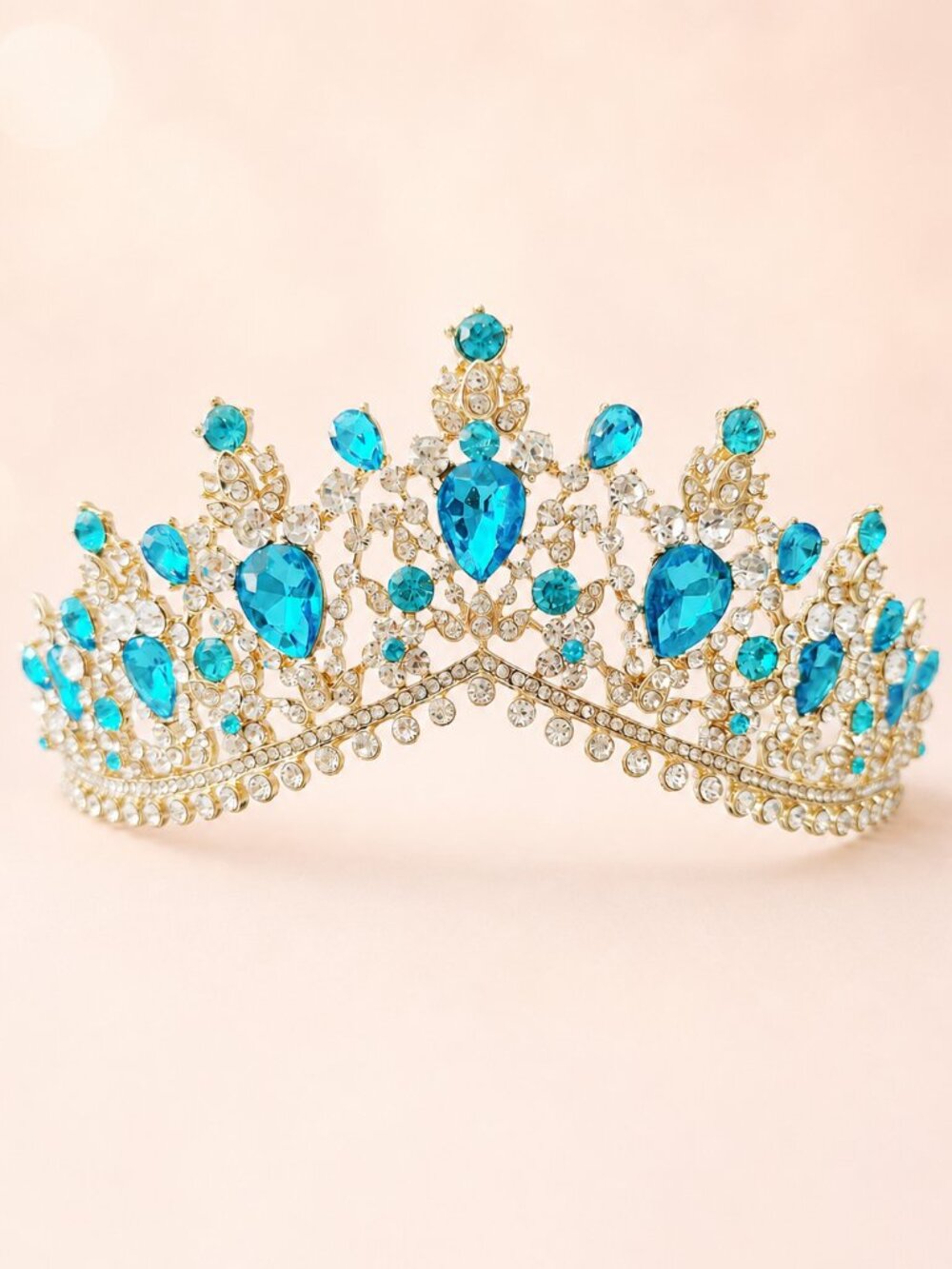 Turquoise Blue Crystal Tiara, Gold Tone Pageant Crown, Quinceañera Bridal Prom